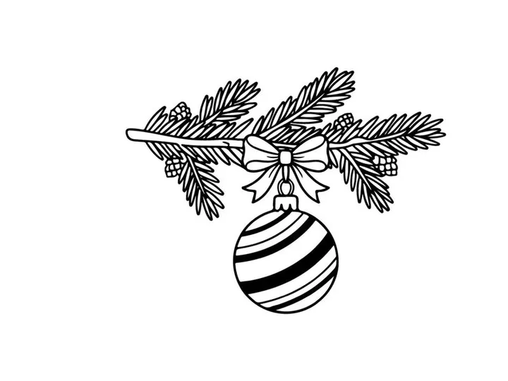 Christmas bauble hanging on a pine branch, festive holiday line art illustration.