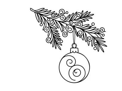 Christmas bauble hanging on a pine branch line art illustration