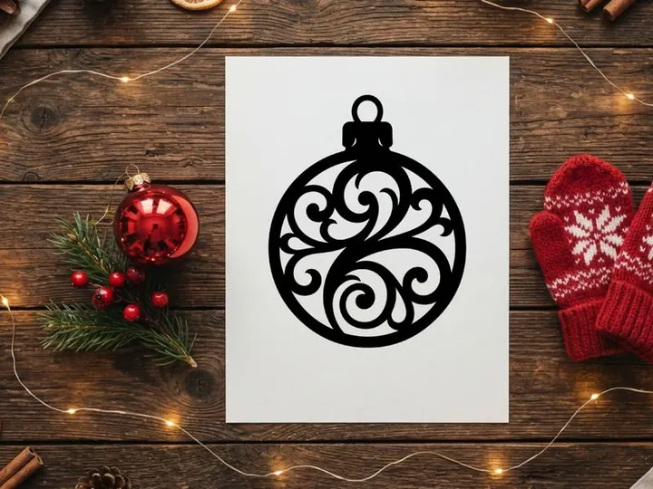 Black Christmas bauble silhouette with ornate floral filigree pattern on white background