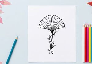 Ilustrasi Daun Ginkgo yang Elegan untuk Desain Alam dan Botani. Gambar botani artistik yang menampilkan daun ginkgo rinci dengan garis-garis halus.