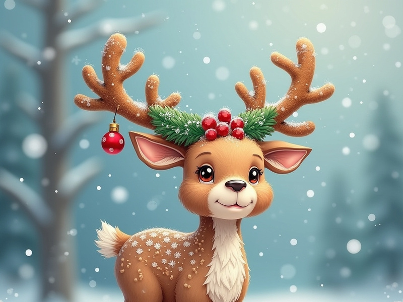 A cartoon reindeer with antlers decorated for Christmas