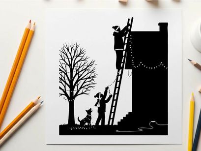 Silhouette of people decorating a house with christmas lights