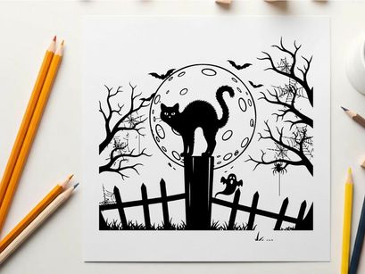 Silhouette of a cat on a fence post under full moon