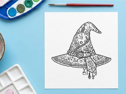 Ilustrasi aksesoris kostum Halloween bergaya vintage dengan topi penyihir buatan tangan, renda, dan pita. Cocok untuk kerajinan dan desain.