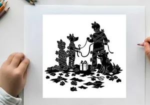 Silhouette of man and two dogs on a walk with gifts