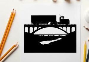 Truck crossing bridge silhouette against white background