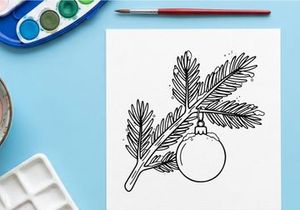 Rama de muérdago navideño dibujado a mano con bayas y ornamento colgante para decoración festiva