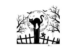 Silhouette of a cat on a fence post under full moon