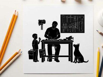 Silhouette of a man and child in a workshop with a cat silhouette