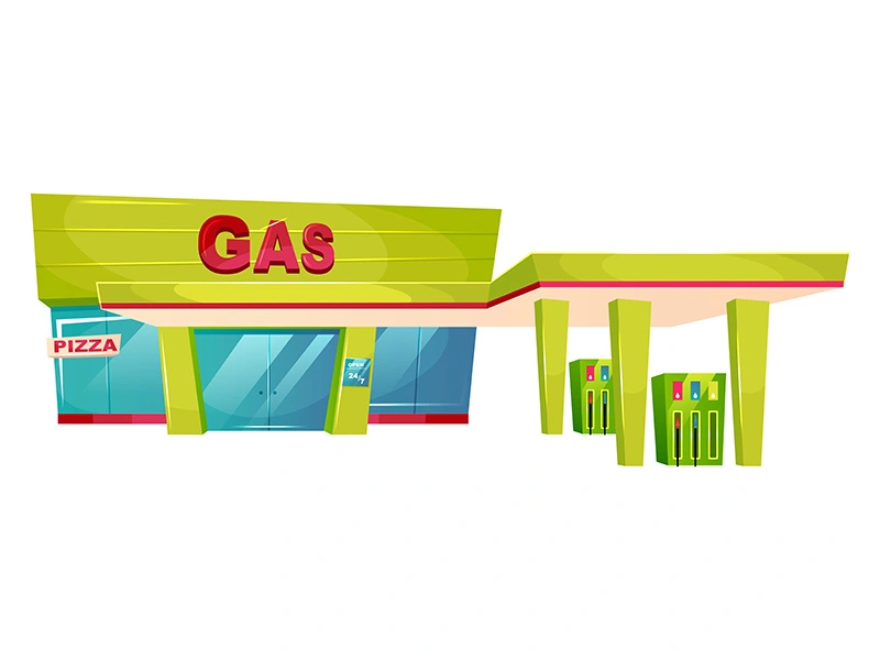 Gas station exterior cartoon vector illustration
