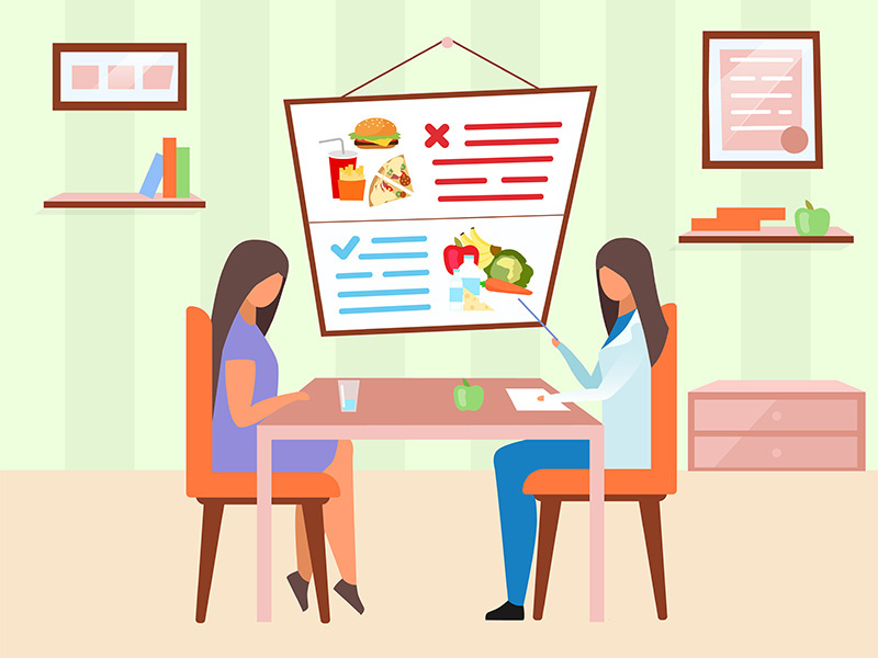 Woman visiting nutritionist flat vector illustration