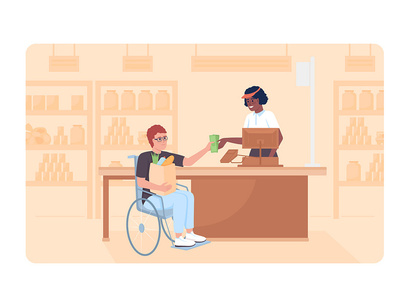 Disabled person lifestyle 2D vector isolated illustration set