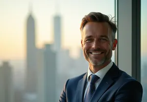 A smiling confident businessman stands with crossed arms in front of a city skyline.