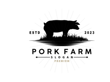 Pig Logo, Grilled Pork Pig Simple Rustic Stamp, Livestock Cattle Vector preview picture