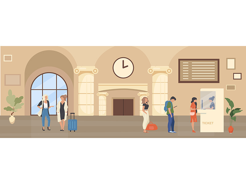 Queue to ticket booth flat color vector illustration