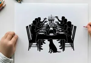 Silhouette of family and dog at dinner table with candelabra
