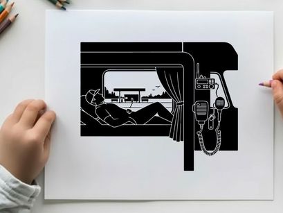 Silhouette of a person reclining in a vehicle with curtains and a phone