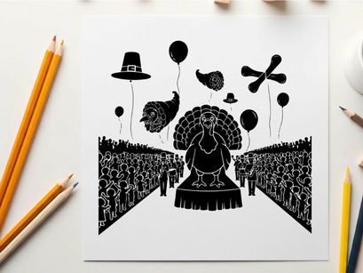 Silhouette of a may queen with balloons and a pilgrim hat