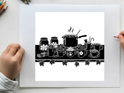 Silhouette of kitchen utensils and cookware on a table