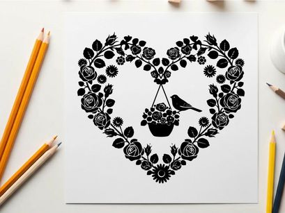 Silhouette of a bird perched on a hanging heart shaped floral arrangement