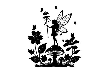 Whimsical silhouette of fairy on mushroom with flowers and butterflies