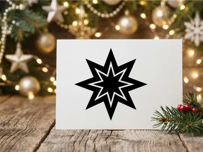 Black eight pointed star icon on white background, geometric vector shape design element.