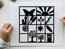Silhouette of various objects in a grid pattern