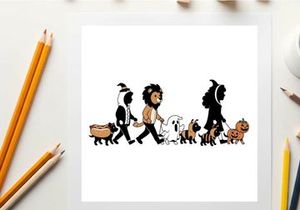 Silhouette of people walking with various dogs in a line