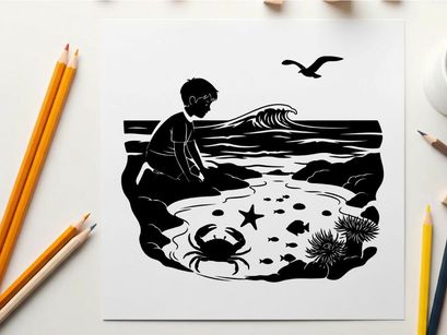 Boy exploring tide pool on rocky seashore by ocean waves