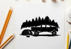 Silhouette of a car and tent in a forest
