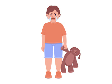 Crying little boy with toy semi flat color vector character preview picture