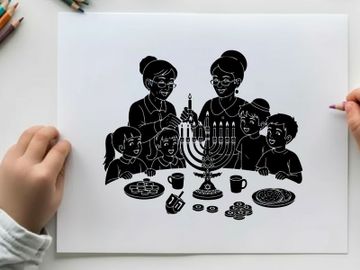 Happy family celebrating hanukkah with traditional foods and menorah silhouette preview picture