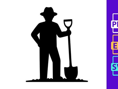 Farmer with shovel and hat gardening soil minimalist black silhouette