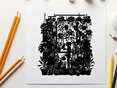 Silhouette of a woman and child in a lush plant greenhouse