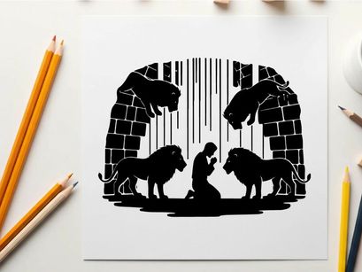 Biblical scene silhouette of daniel in the lions den