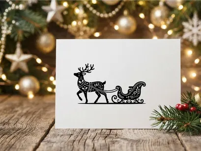 Black silhouette of a Christmas reindeer pulling a decorative sleigh on white background.