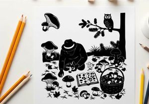 Silhouette of a person foraging for mushrooms in a forest with an owl