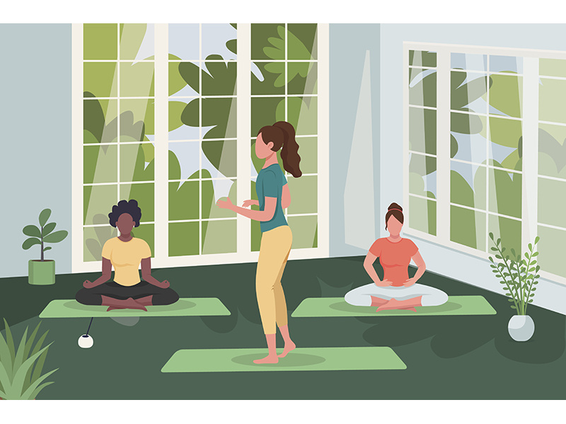 Meditation class flat color vector illustration