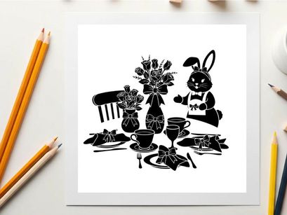 Whimsical silhouette of a bunny at a tea party with flowers