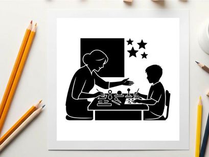 Silhouette of a woman teaching a child to play chess with stars
