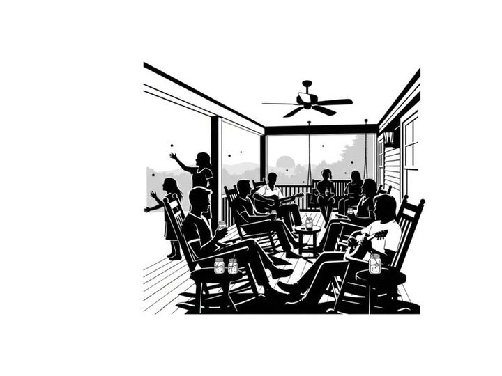 Silhouette of people sitting in rocking chairs on a porch