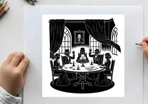 Silhouette of people gathered around a ouija board in a dimly lit room