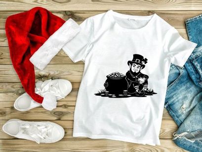 Cartoon leprechaun stirring magic pot of gold at night