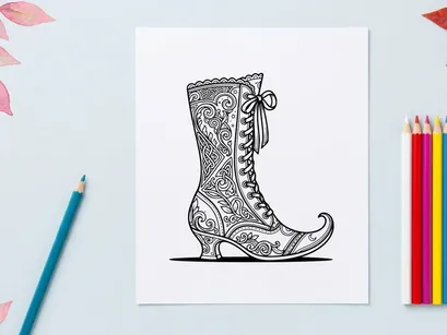 Elegant fantasy boot illustration for fashion design. Ornate gothic footwear with intricate lace patterns and curled toe detail.