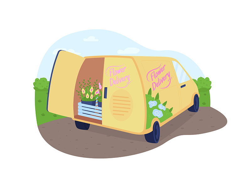 Flower delivery van 2D vector web banner, poster