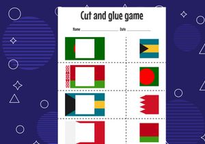 12 Pages Cut and glue game for kids with country flag. Cutting practice for preschoolers. Education paper game for children