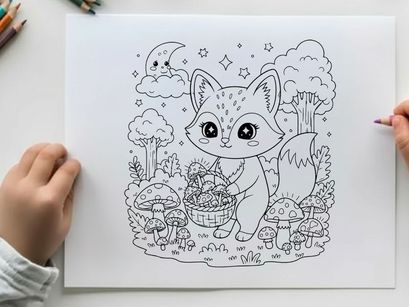 Cute fox with mushrooms basket vector illustration