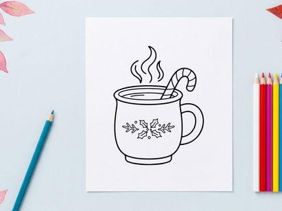 Steaming hot Christmas coffee mug with snowflake design and candy cane stirrer