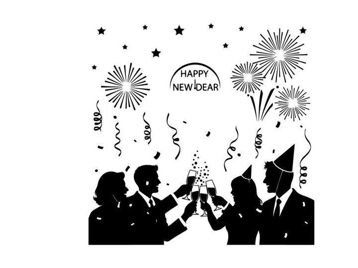 Silhouette of people celebrating happy new year with fireworks and champagne