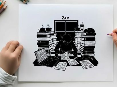 Late night study session with cat silhouette